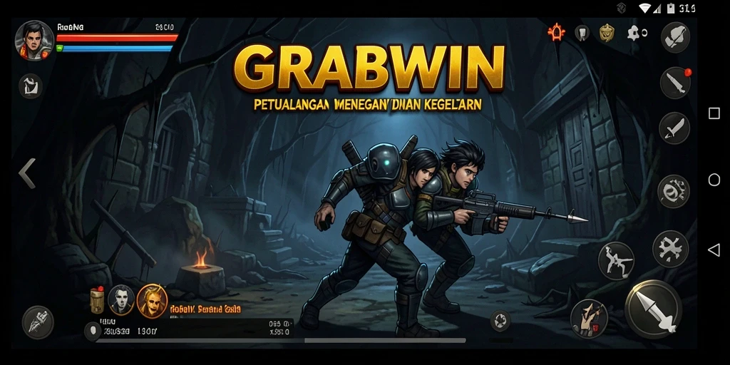 Tangkapan layar utama gameplay <strong>GRABWIN</strong> memperlihatkan suasana mencekam di dalam dungeon.