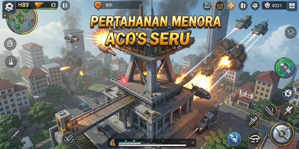 Tampilan gameplay menara pertahanan yang menegangkan dan strategis.