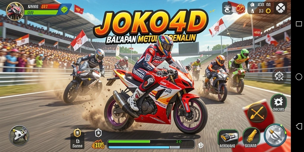Tampilan gameplay intens di JOKO4D saat balapan motor.