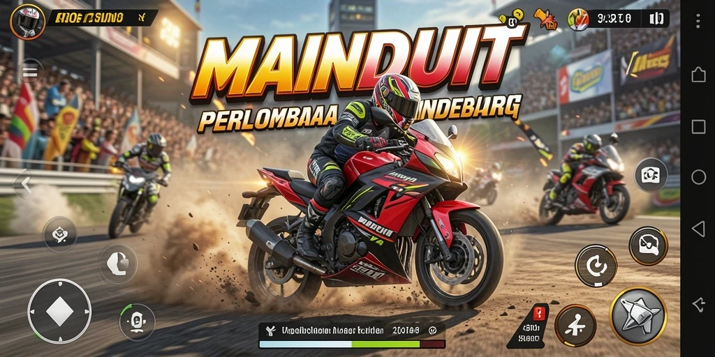Tampilan gameplay seru di MAINDUIT saat balapan motor.