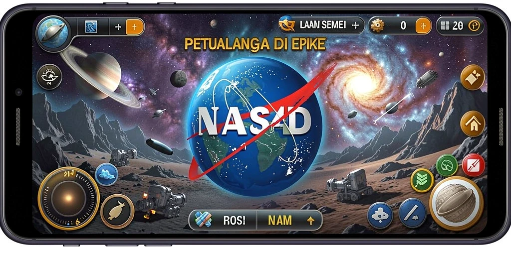 Tampilan gameplay RPG yang spektakuler dalam NASA4D dengan karakter dan galaksi menarik.
