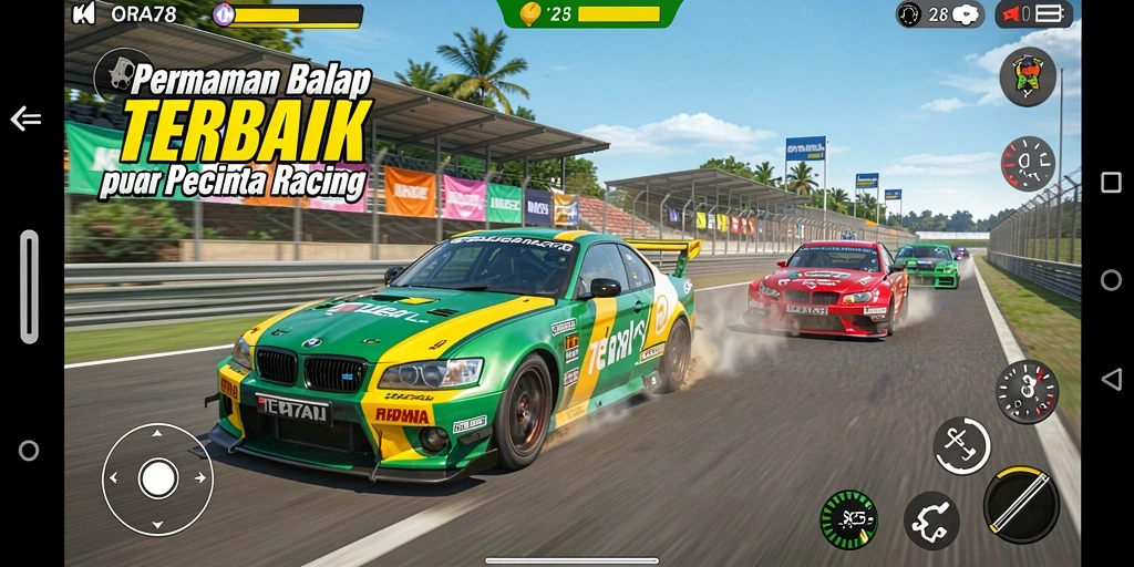Tampilan gameplay ORA78 menampilkan balapan yang mendebarkan dan mobil berkecepatan tinggi.