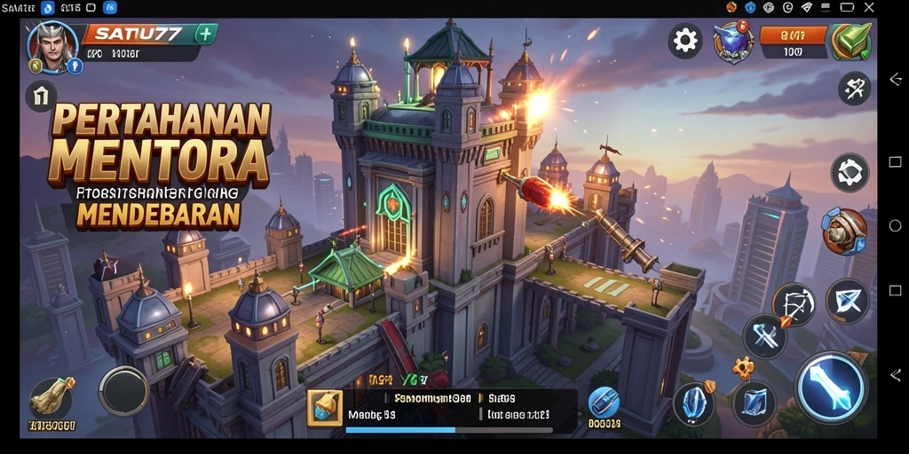Screenshot utama SATU77 menampilkan aksi gameplay Tower Defense yang seru.