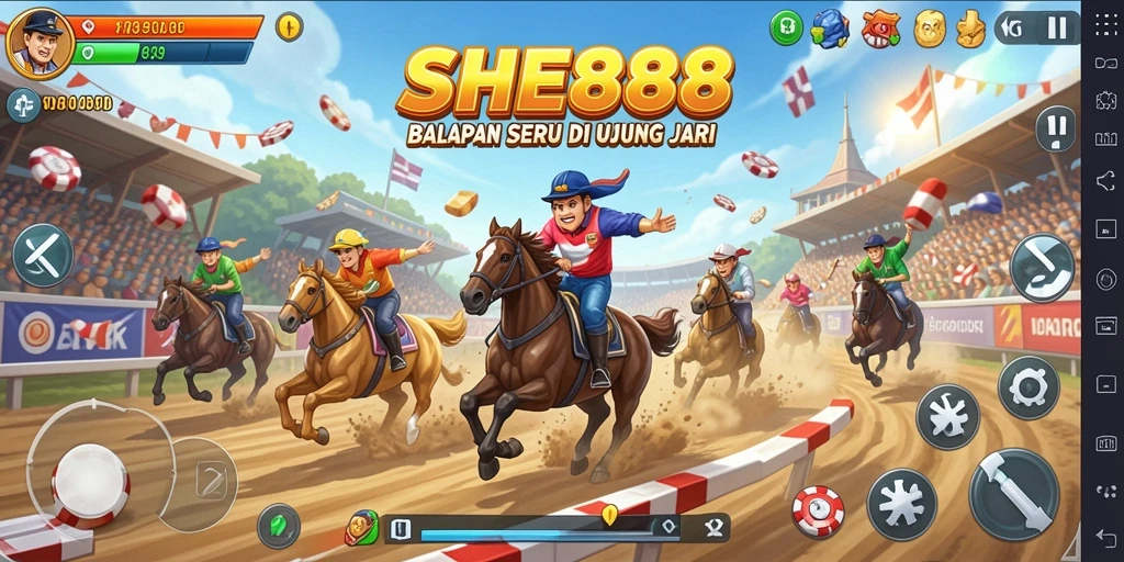 Menampilkan gameplay seru dari SHE888 saat balapan.