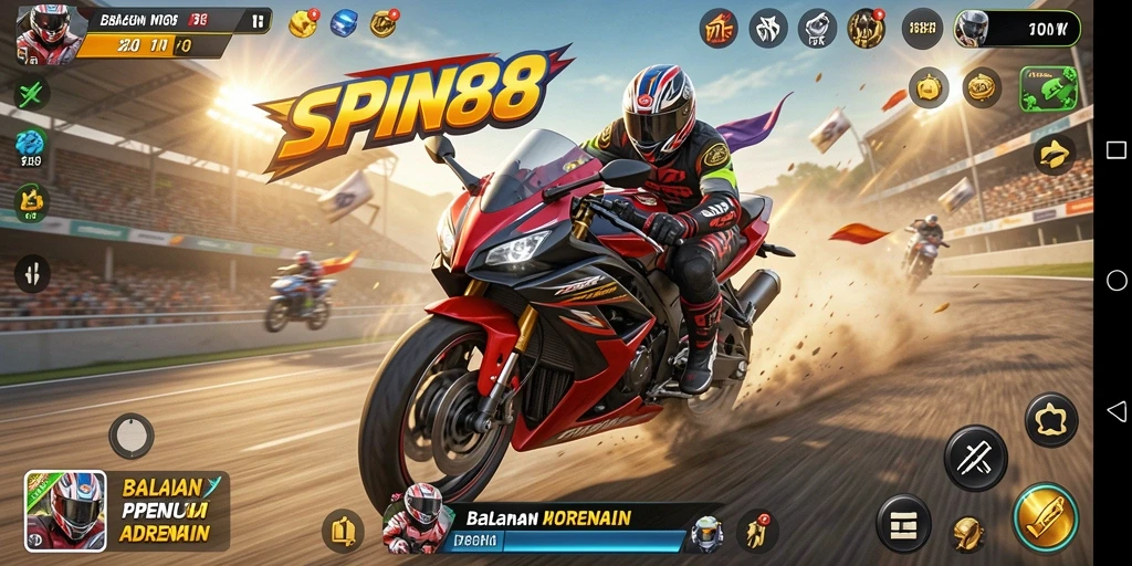 Tampilan gameplay <strong>SPIN88</strong> yang mendebarkan dengan balapan motor cepat.