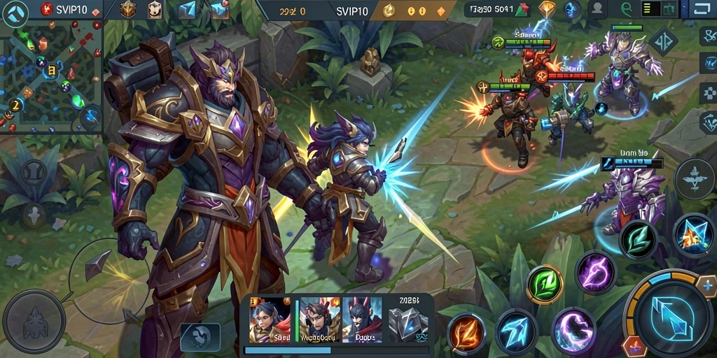 Tangkapan layar gameplay SVIP10 menampilkan aksi pertarungan MOBA yang mendebarkan.