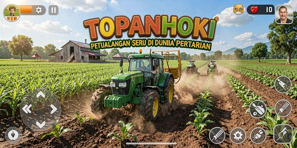 Screenshot gameplay TOPANHOKI menampilkan keseruan bertani dan interaksi sosial.